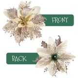 Christmas Glitter Artificial Poinsettia Flowers: 12Pcs Christmas Tree Flowers Ornaments- Xmas Party Decoration With 12Pcs Stems And Clips (Light Gold)