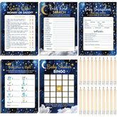 145 Pieces Baby Shower 5 Games Set Baby Shower Games Activities With 20 Pencils For Girls Boys Include Descriptions, Wishes, Guess Who, Bingo Activities (Moon And Star)