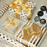 Birthday Wrapping Paper White And Gold Gift Wrapping Paper For Christmas Mini Roll, 3 Rolls Polka Dots Stripes Geometry Pattern With Gold Foil - 17 Inch X 120 Inch(10Feet) Per Roll