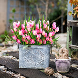 8 Bundles Outdoor Artificial Tulips Fake Flowers Uv Resistant Faux Plastic Greenery Shrubs Plants For Home Outside Garden Porch Window Farmhouse Decor (Light Pink)