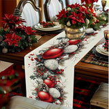 Christmas Table Runner Linen Tablerunner - Merry Xmas Table Decor With Balls Holly Leaves Berries Pine Cones Branches Perfect For Rustic Winter Holiday Kitchen Dining, Party, Mantel 13×72Inches(1 Pcs)