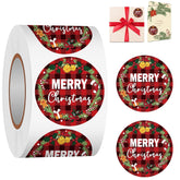 Merry Christmas Label Stickers Roll, 1.5 Inch 500 Pcs Round Red And Black Buffalo Plaid Christmas Wreath Happy Winter Holiday Stickers For Xmas Cards Gift Favors Decoration Sealed Envelopes