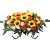 Artificial Cemetery Flowers Saddle-Shaped Tombstone Decorations,Large Headstone Flower Saddle,Rose Sunflower Memorial Flowers (Yellow Beige)
