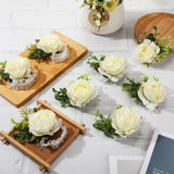 20 Pcs Rose Wrist Corsage And Boutonniere Set Flower Wrist Corsage Wristlet Band Bracelet Bridegroom Men'S Boutonniere Wedding Wristlet Hand Flower For Prom Party Bouquets (White)