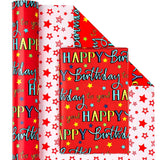 Reversible Birthday Wrapping Paper - Mini Roll - 17 Inch X 33 Feet - Red Happy Birthday To You Lettering Design For Girls Boys Kids, Baby Shower, Holiday, Party