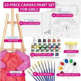 Acrylic Paint Set For Kids - Non Toxic Washable Paint - 32 Pcs Painting Kit For Kids With Blank & Pre-Drawn Canvas Boards, Wooden Easel, Brushes, Mixing Palette, Washing Cup & Pink Smock