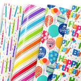 Birthday Wrapping Paper Sheet - 12 Sheets Folded Flat Gift Wrap With “Happy Birthday” Candles, Balloons, Colorful Stripes For Party, Baby Shower - 20 X 28 Inch Per Sheet