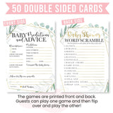 Baby Shower Games For 50 Guests - Predictions & Advice Cards For New Parents, Word Scramble Baby Shower Game, Greenery Babyshower Games For Girl Boy Gender Neutral, Designed In Usa