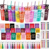 96 Pcs Team Appreciation Gifts For Employee 24 Oz Inspirational Plastic Cups Bulk With Lid And Straw Notebooks Ballpoint Pens Keychain Set Thanksgiving Christmas Gifts (Colorful)