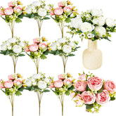 12 Bundles Silk Artificial Peonies Flowers Faux Peony Bouquet Fake Peonies Artificial Flowers Bouquets For Vase Floral Arrangements Wedding Home Table Decoration (White,Pink)
