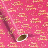 Pink Gold Birthday Wrapping Paper Roll For Girls Women, Pink And Gold Gift Wrap Paper, Gold Star And Dot Design Gift Packing Paper Art Paper For Birthday Baby Shower Party, 17Inch X 16.5Feet