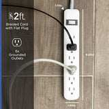 2 Pack Surge Protector Power Strip 6 Outlets 2FT Braided Flat Plug Extension Cord 245J White