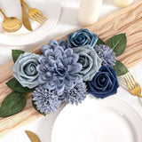 Dusty Blue Flower Artificial Roses Faux Flowers With Stems Mix Fake Roses Dahlia Chrysanthemum Ball For Wedding Bridal Bouquets, Table Centerpieces, Baby Shower, Party, Home Decorations