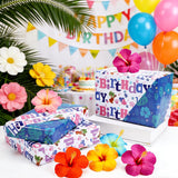 Reversible Hawaiian Happy Birthday Wrapping Paper - 8 Sheets | Tropical Plant & Floral Pattern Gift Wrap Paper For Kids’ Birthdays, Baby Showers, Holiday & Aloha-Themed Greetings 19.7" X 27.6"
