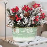 Christmas Table Centerpiece With Artificial Red Poinsettias, Snowy Norfolk Pine, Berries & Pine Cones – Lifelike Holiday Floral Arrangement In Green Metal Planter For Xmas Table Decoration