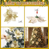 36 Pcs Christmas Glitter Poinsettia Flowers Artificial Flower Ornaments Faux Poinsettia Flower With Clips And Artificial Pearls For Christmas Decoration Holiday Party Decor(Gold)
