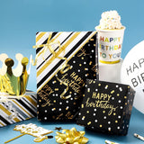 Reversible Black Birthday Wrapping Paper Roll For Boys Men, Happy Birthday Lettering & Stripe Pattern With Metallic Gold Foil In Black, Mini Roll, 17 Inches X 9.8 Feet