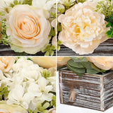 Flower Arrangement With Wooden Vase 14" Artificial Flowers In Pot - Fake Flowers Roses Peonies Hydrangeas In Wooden Vase Potted Flower Centerpieces For Table Decor Living Room - Pale Yellow