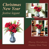 Artificial Flowers, Winter Flowers Artificial - Roses Bouquet With Berry And Pine Stems, 11 Pcs Faux Flowers & Plants For Indoor Decoration, Artificial Flowers Bouquet For Holiday, 12 Inch