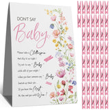 Wildflower Clothespin Baby Shower Game – 'Don'T Say Baby' Party Activity With Pink Floral Sign & 50 Mini Clothespins – Gender Reveal Decor For Girls – Baby Shower Decoration Set-C5