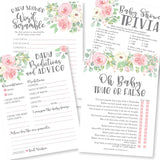 Baby Shower Games For 25 Guests - Pink Floral Baby Predictions & Advice Cards For New Parents, Trivia Game, Word Scramble, True Or False Babyshower Games For Girl, Made In Usa