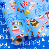 Light Blue Wrapping Paper, Reversible Happy Birthday Letterings & Festive Party Icons Gift Wrap For Boys, Birthday, Baby Shower, Party (17 Inch X 16.5 Feet)