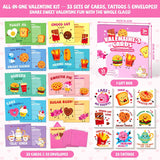 Funny Food Pun Valentines Cards For Kids - 33 Sets With Valentine Cards,Temporary Tattoos & Envelopes (Includes 1 Teacher Set),Valentines Day Cards For Kids School Classroom Exchange