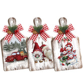 3 Pcs Farmhouse Christmas Decorative Wood Cutting Board With Plaid Bow Red Truck Gnomes Snowman Vintage Decoration For Table Shelf Wooden Home Decoration Christmas Kitchen Gifts