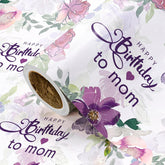Birthday Wrapping Paper Roll For Mom - Mini Roll - 17 Inch X 16.5 Feet - Happy Birthday To Mom Lettering With Purple Flower Design