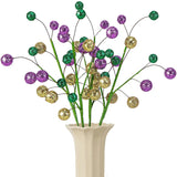 4 Pack 15" Large Mardi Gras Ball Centerpiece Stems, Mardi Gras Artificial Glitter Berry Stems Ornaments, Shiny Purple Gold Green Berry Branches Twigs Picks Sprays For Carnival Party Home Decor