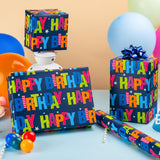 Birthday Wrapping Paper - Mini Roll - 17 Inchx 32.8 Feet - Colorful Happy Lettering On Blue Paper Design Gift Paper Perfect For Boys Girls Birthday,Baby Shower, Party