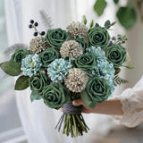 Green Flower Artificial Roses Faux Flowers With Stems Mix Fake Roses Dahlia Chrysanthemum Ball For Wedding Bridal Bouquets, Table Centerpieces, Baby Shower, Party, Home Decorations
