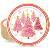 40Pcs 9 Inch Christmas Plates Merry Christmas Disposable Paper Plates Gold Foil Pink Xmas Tree Party Plates For Holiday Party Dinner Tableware Supplies Decor