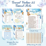 125 Pcs Bear Baby Shower Games For Girl Or Boy Set 5 Games Bear Cards With 20 Pencils For 25 Guests Includes Predict Who Baby Price Is Right Description Word Scramble Game Supplies(Blue)