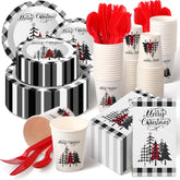 400 Pcs Christmas Dinnerware Set Disposable Christmas Plates And Napkins Set Serve 50 Winter Xmas Paper Dinner Plates Napkins Cup Xmas Party Supplies For Holiday(Black,White,Plaid)