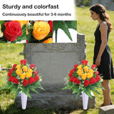 Set Of 2 Artificial Cemetery Flower, Outdoor Grave Decorations Roses,Cemetery Memorial Flowers With Vase For Gravesite Outdoor Headstone Tombstone Decorations (Red Yellow)