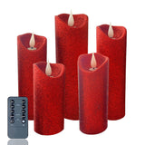 Flameless Candles Flickering Pillar Candles Battery Operated Candles Unscented With Timer And Remote,Set Of 5 Glitter Red Wax Pillar Led Candles