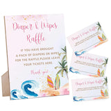 Baby Shower Sign, Pink Surf Beach Diaper And Wipes Raffle Sign For Baby Shower Diaper Game, Baby Shower Decorations, Gender Reveal Games For Baby Shower, 1 Wood Sign And 50 Diaper Raffle Cards,3