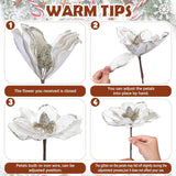 15 Pcs Christmas Magnolia Flowers Tree Ornaments Velvet Poinsettia Burgundy Artificial Light Brown Dark Green Beige Glitter Floral Picks Stems For Tree Xmas Centerpiece Decoration Wedding