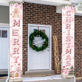Gingerbread Christmas Decorations 2Pcs Pink Merry Christmas Door Banner Decorations Gingerbread Man And Xmas Tree Porch Sign Decor For Front Door 71 X 12 Inch Hanging Banner Outdoor Indoor Wall Decor