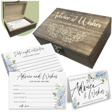 Blue Hydrangea Bridal Shower Advice Cards & Wooden Box Set - 50Pcs Advice And Wishes For The Mr And Mrs - Wedding Party Games For Reception Bridal Shower Decorations & Supplies - A02