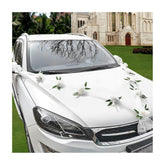 Wedding Car Decorations, Artificial Flowers Bouquet & Ribbon Set Car Front Wedding Decor, Floral Ribbon Set Bridal Cars Decoration For Rear View Mirror Engine Hood (White)