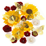 30 Pack Flower And Butterfly Diy Decorations Set 18 Pcs Flower Heads 12 Pcs 3D Butterfly Flat Back Roses Yellow Sunflower Heads For Grad Hats Wedding Baby Shower Home Decor(Red, Yellow)