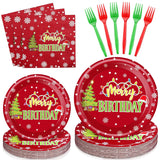 96 Pcs Christmas Birthday Decorations Set Merry Birthday Christmas Paper Plates And Napkins Forks Disposable Xmas Tableware Set For Xmas New Year Decorations, 24 Guests