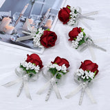 Set Of 6 Red Rose Boutonniere For Men, Groom And Best Man Artificial Flowers Boutonnieres, For Wedding Ceremony Formal Dinner Prom Party