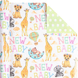 Reversible Baby Shower Wrapping Paper For Kids Girls Boys - 17 Inch X 33 Feet - Lion Giraffe Animals & New Baby Design For Neutral Baby Shower Party Birthday Holiday