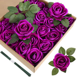 25 Pcs Artificial Roses Velvet Roses Artificial Flowers Real Look Silk Flowers With Stems For Diy Wedding Party Baby Shower Home Decoration(Purple)