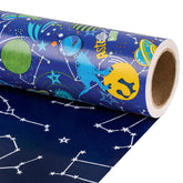 Reversible Birthday Dinosaur Wrapping Paper Roll, Mini Roll, Blue Astro Dinosaur, Planets And Constellation Pattern Gift Wrap Paper For Kids Boys Birthday, Space Party, 17 Inches X 16.4 Feet