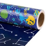 Reversible Birthday Dinosaur Wrapping Paper Roll, Mini Roll, Blue Astro Dinosaur, Planets And Constellation Pattern Gift Wrap Paper For Kids Boys Birthday, Space Party, 17 Inches X 16.4 Feet