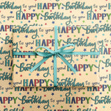 Birthday Wrapping Paper Roll, Mini Roll, Colorful Happy Birthday Lettering And Star Design, Blue Kraft Gift Wrap Paper For Boys, Girls, Men And Women, 17 Inches X 16.4 Feet